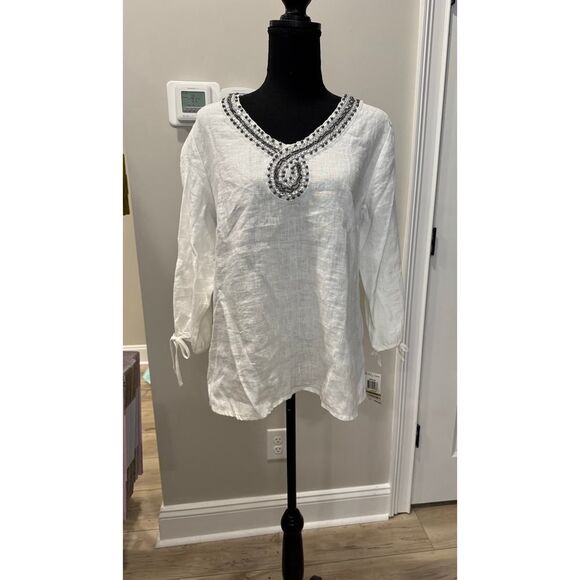 NWT JM Collection Petite 100% Linen Bejeweled Embellished Tunic Shirt - 14P - Picture 1 of 8